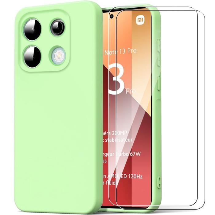 Coque + 2 Verres Trempés pour Xiaomi Redmi Note 13 Pro 4G (pas pour 5G), Protection Silicone Liquide Vert