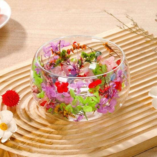 Doppelwandige Glasschale mit echten gepressten Blumen Hitzebeständig Kältebeständig Transparent Lebensmittelschale für Salat Dessert Servieren Niedliche Heimküchendekoration
