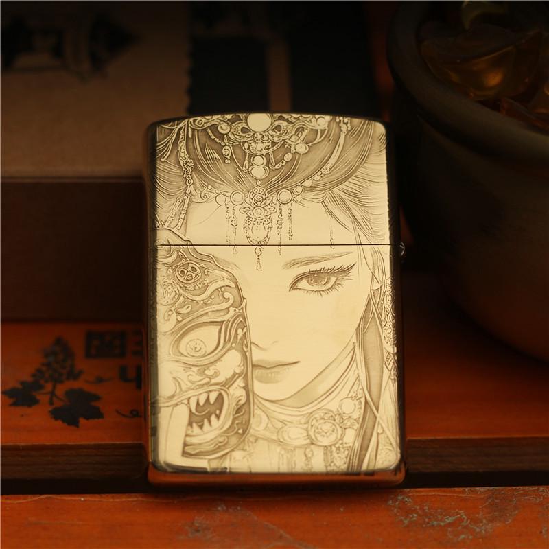 Zorro Exquisite Brass Kerosene Lighter: Double-sided Carving with Female Wealth God Motif