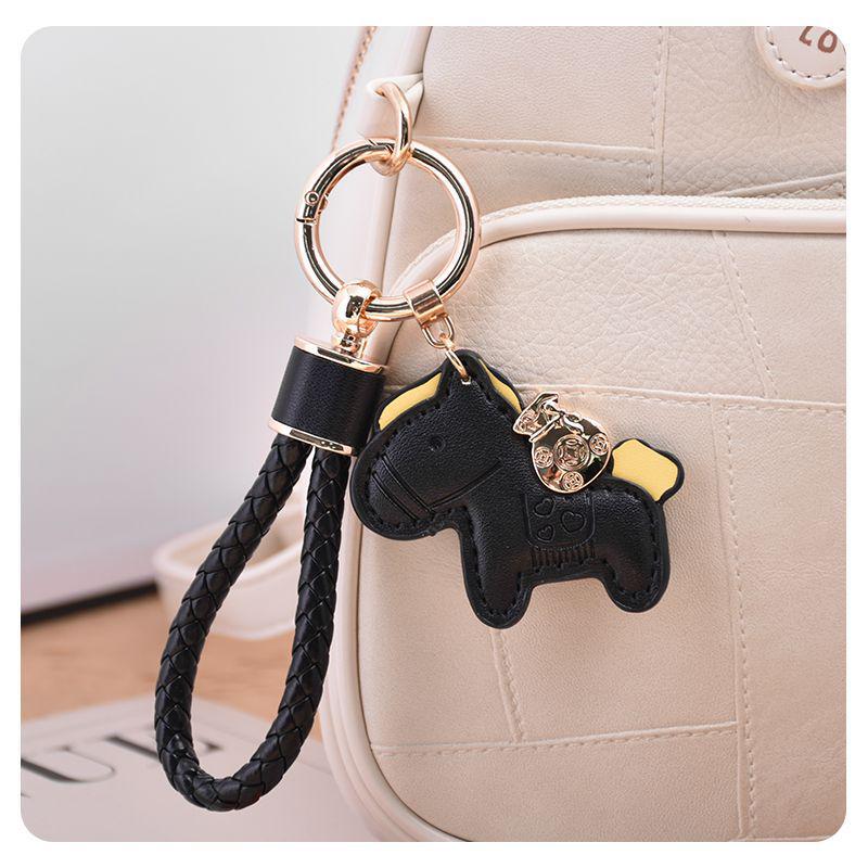 Exquisite Leather Cord Bag Charm & Car Keychain with Cute Horse Pendant Couple Bracelet