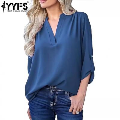 Women's Fashion Casual Spring Fall Solid Color Print Long Sleeve V-Neck Blouses & Shirts