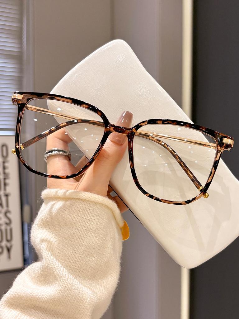 BMW Square frame leopard print flat glasses for women new arrival anti-blue light glasses frame metal temples show face small decorative glasses