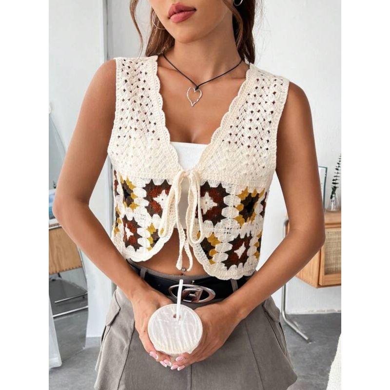 European and American Amazon Summer New V Neck Crocheted Cut Out Lace-up Short Crop Top Vest Top Vest Easiest for Match