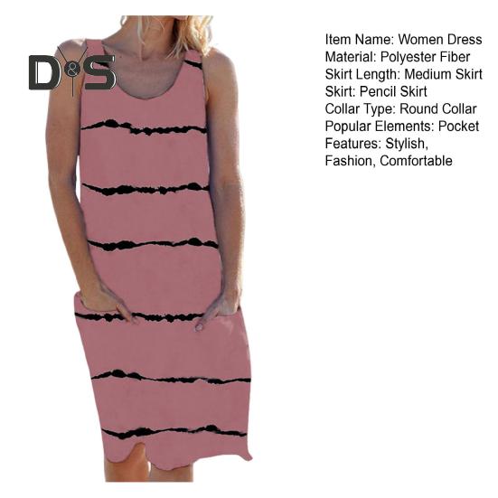 Dámské bezrukávové tankové šaty Letní ležérní tunikové šaty s kulatým výstřihem a kapsou Volné pruhované plážové letní šaty Krytí plavek/bikiny