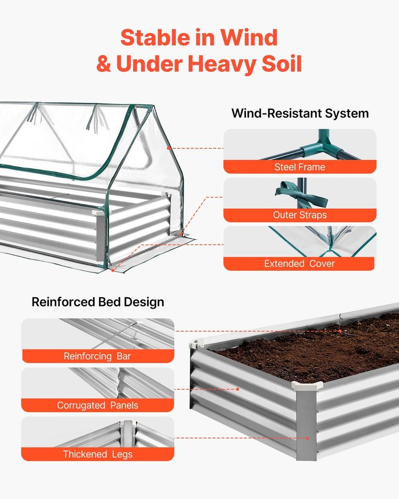 Raised Garden Bed with Cover, 1800 X 900 X 300 Mm, Rectangular Galvanized Metal Planter Box Outdoor, with PE Greenhouse Cover & Gloves, Rustproof