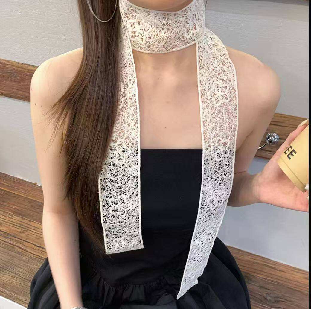 New lace hollowed-out long silk scarf women s French style with shirt, breathable neck silk scarf atmosphere streamer 6-138