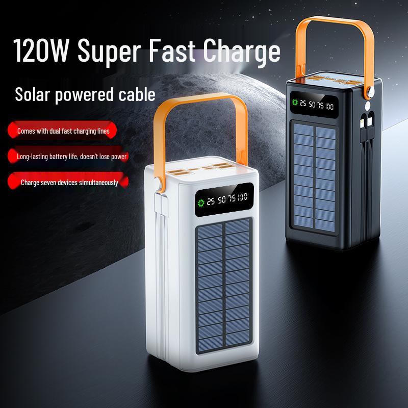 Large-Capacity 120W Solar Power Bank with 100,000mAh and Built-in Fast Charging Cable for Outdoor Use