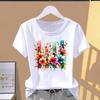 (Asian Size) Sweet Flower Cute Print O-neck Short Sleeve T-shirts Fashion Female Casual Women's Top T Clothing Graphic Tee