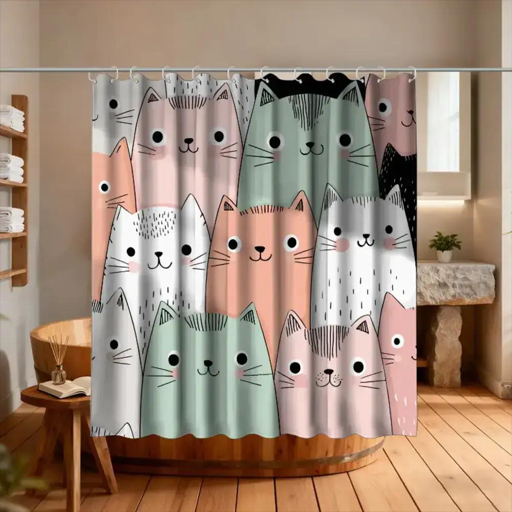 

A Bathroom Shower Curtain Featuring A Cat Beauty Contest For Pet Day, Includes 12 Hooks, Measuring 70.87*70.87Inch For Home Deco W60H190(CM)-1 Pcs