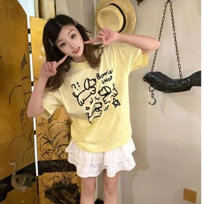 Summer Casual Loose T Shirt Women's Streetwear Harajuku Vintage Funny Cartoon Print Yellow Short Sleeve T-shirts Women Y2k Tops