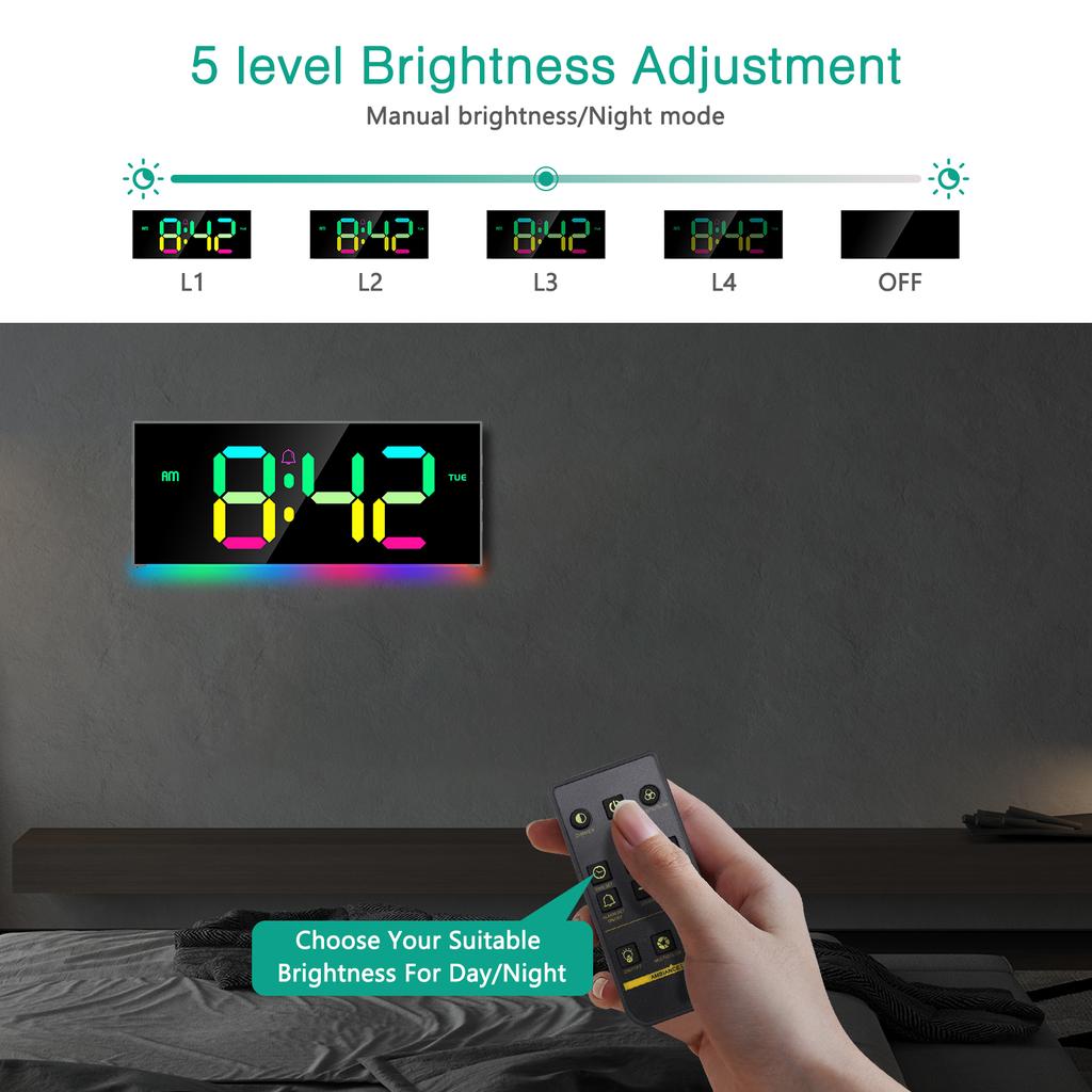 ORIA Digital Wall Clock 12" Large Display RGB Colorful Alarm Clock with Remote Control for Living Room, Gym
