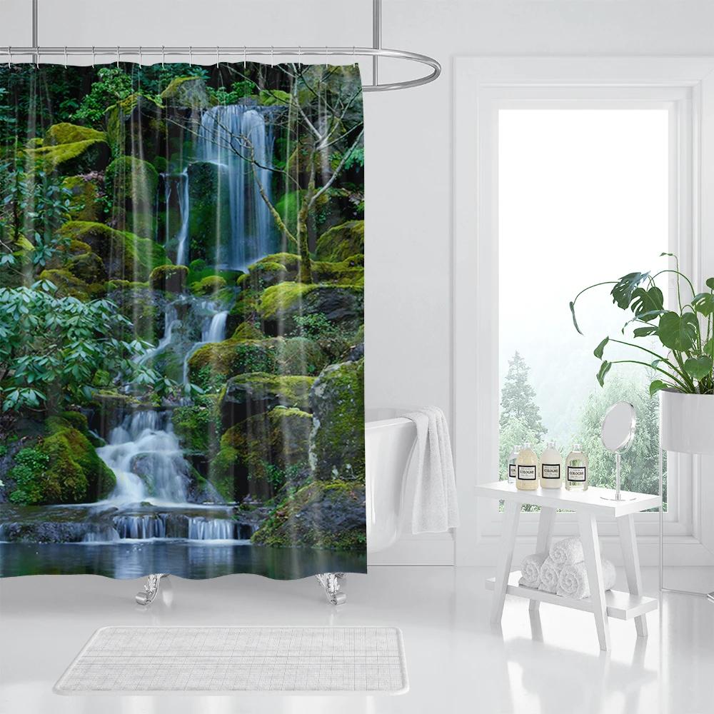 Forest Waterfall Shower Curtain Tropical Rainforest Palm Jungle Tree Green Leaves Plants Scenery Bathroom Decor Set With Hooks