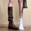 Huge and Thin~ 2025 Autumn New Splicing Two-color Pointed Pleated French Retro Knight Boots High Boots Women