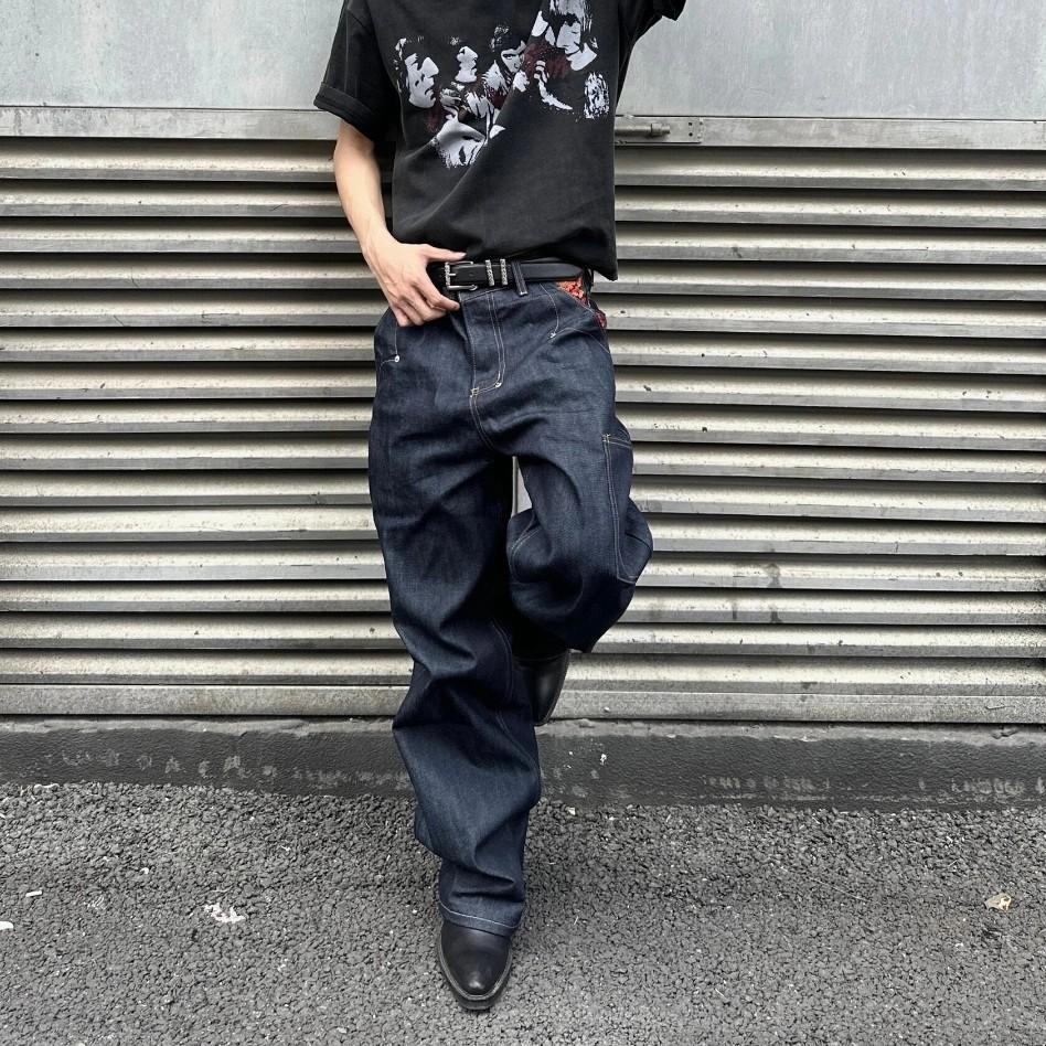 American Denim Blue Design Loose Straight Embroidered Jeans Men's Hiphop Casual Vibe Style Long Pants