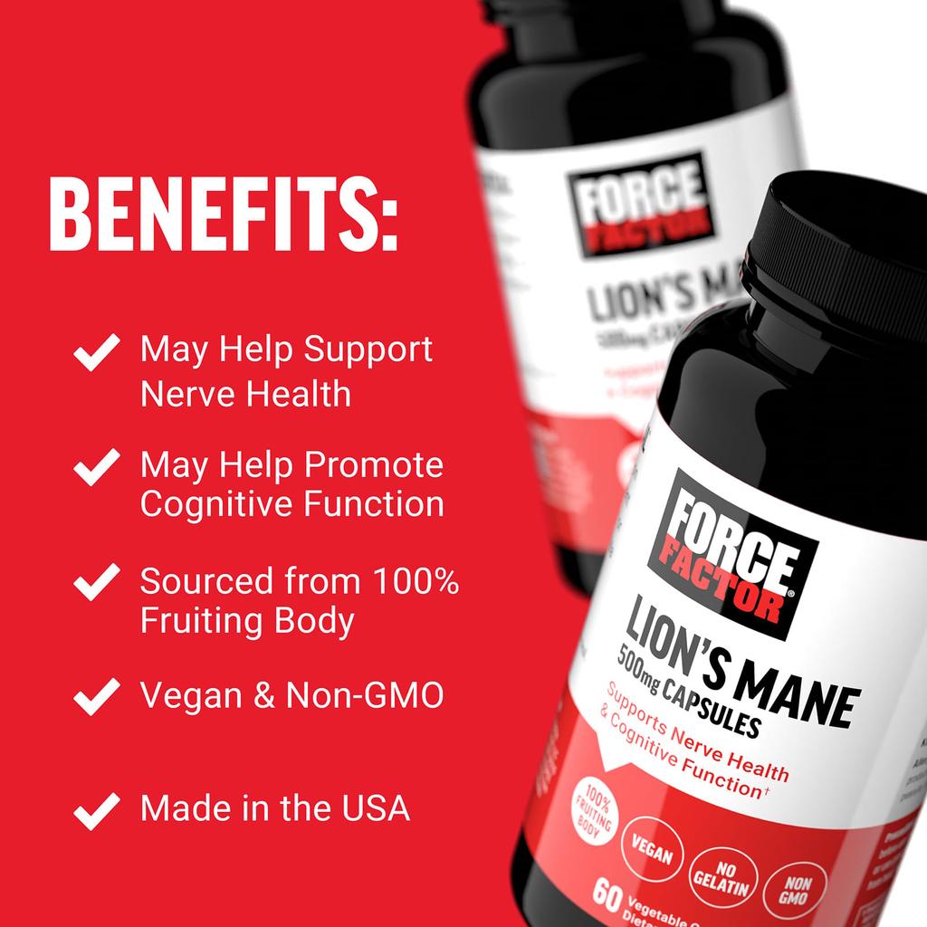 Force Factor Helicopteric Mane Mushroom, 500mg, 60 Veggie Capsules