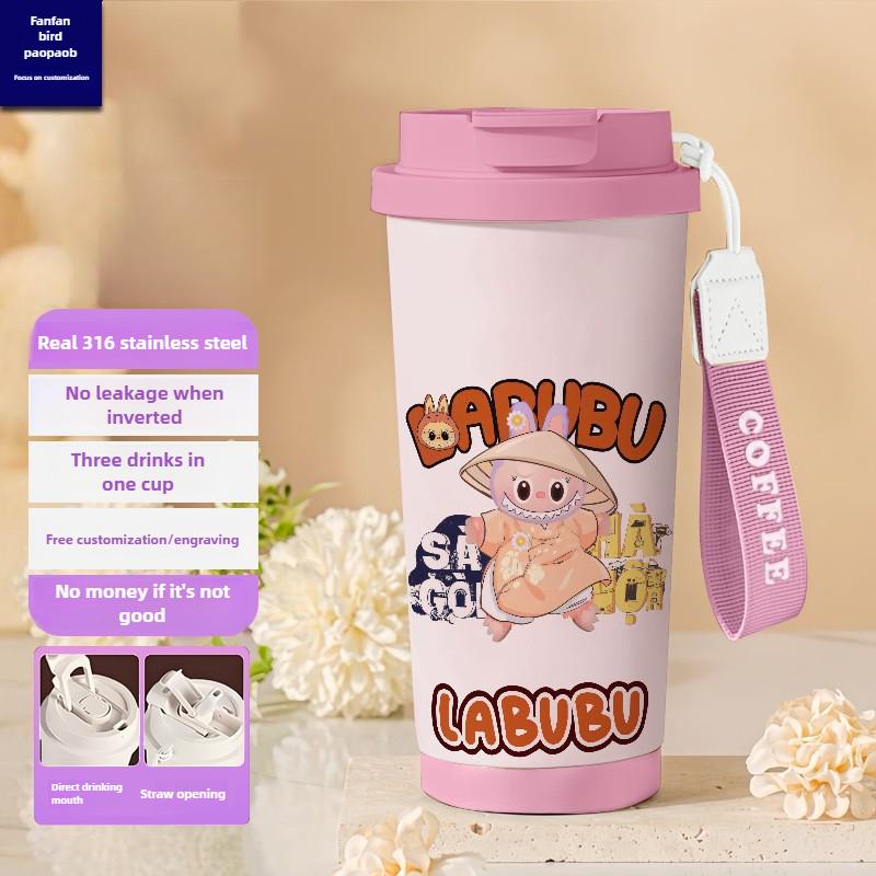 Tecknad Rostfri Stålkopp Högvärdig Termosmugg 3D Dubbel Drickstrå Kaffekopp