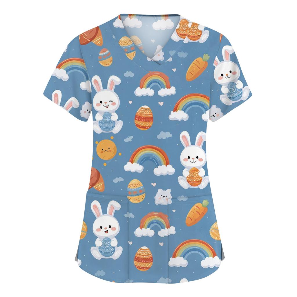 Moda damska Odzież robocza z dekoltem w serek i krótkimi rękawami z kieszeniami Topy z nadrukiem