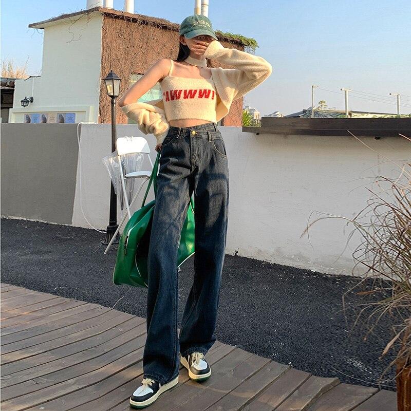 

2022 осенние теплые корейские модные винтажные уличные брюки с высокой талией, джинсы, женские мешковатые джинсы в стиле Харадзюку, широкие брюки для женщин XL