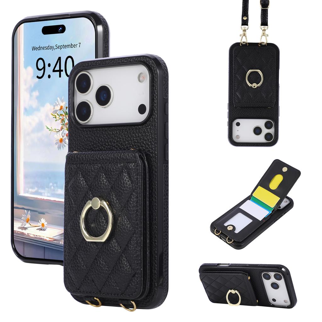 Crossbody Ring Holder Cards Solt Wallet Flip Leather Phone Case For iPhone 17 Pro Max 16 Plus 15 14 13 12 11 Long Lanyard Cover
