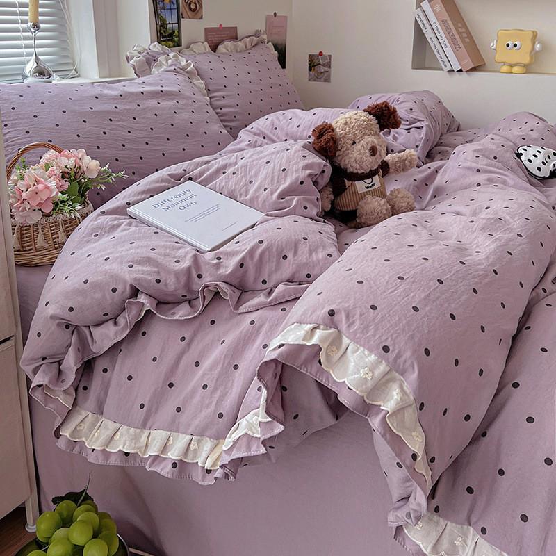 Washed Cotton Double Gauze Bedding Set Floral Ruffle Bed Sheets Bedroom