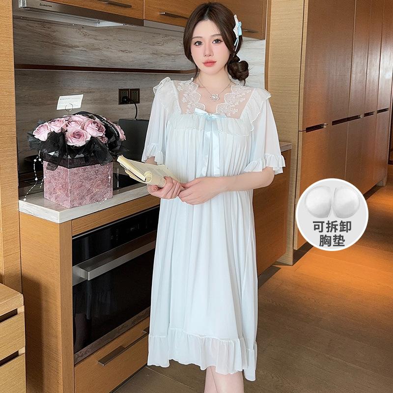 Summer Style Solid Color Lace Bow Mesh Court Princess Style Medium Long Nightdress Pajamas Loungewear