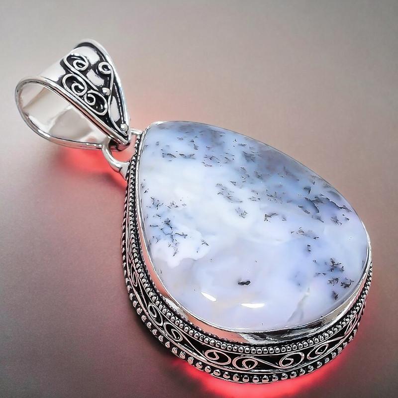 Gema Opala Dendrítica Feito à Mão Prata de Lei 925 Joia Pingente 2,17" AH-847