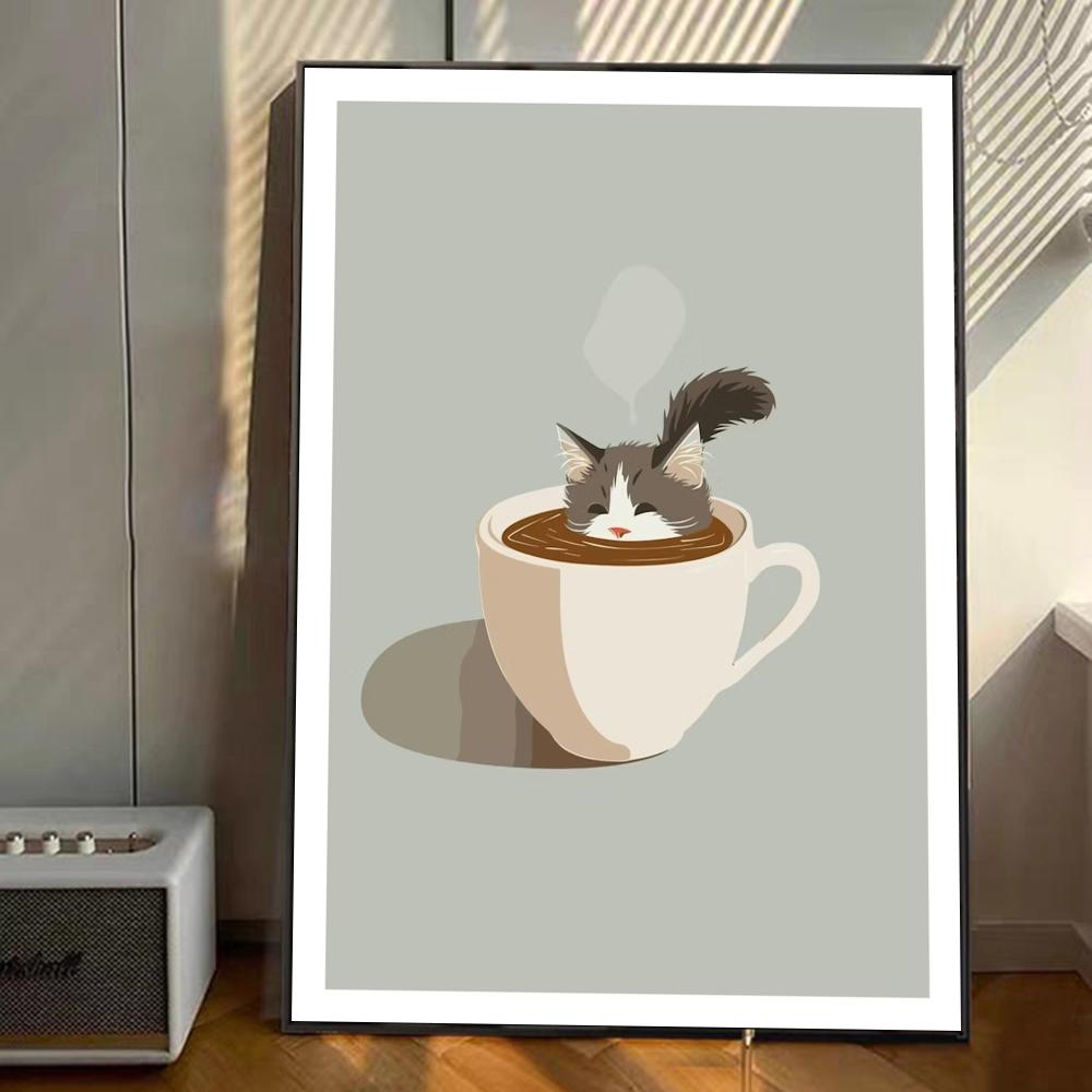 Coffee Cups funny Art Anime Posters Sticky HD Quality Wall Art Retro Posters for Home Kawaii Room Decor