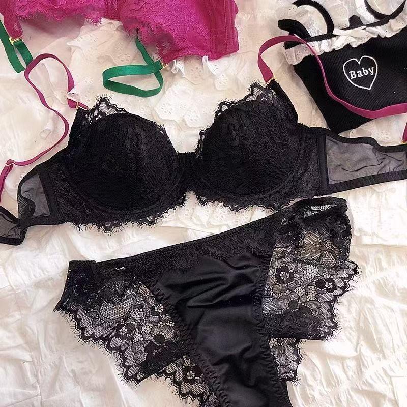 European & American Deep V Lace Color Block See-through Bra & Panty Set for Women - Enhancing & Sexy