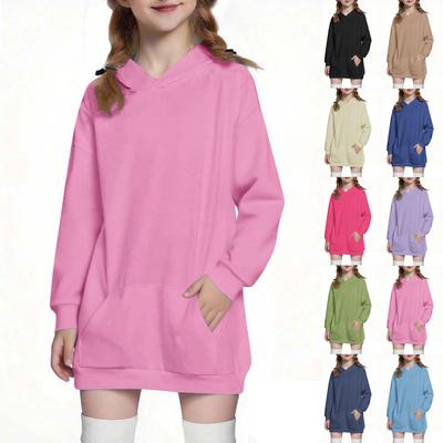 Children's Fashion Solid Color Long Sleeved Hooded Sweatshirt Girls' Mid Length Hoodie Top