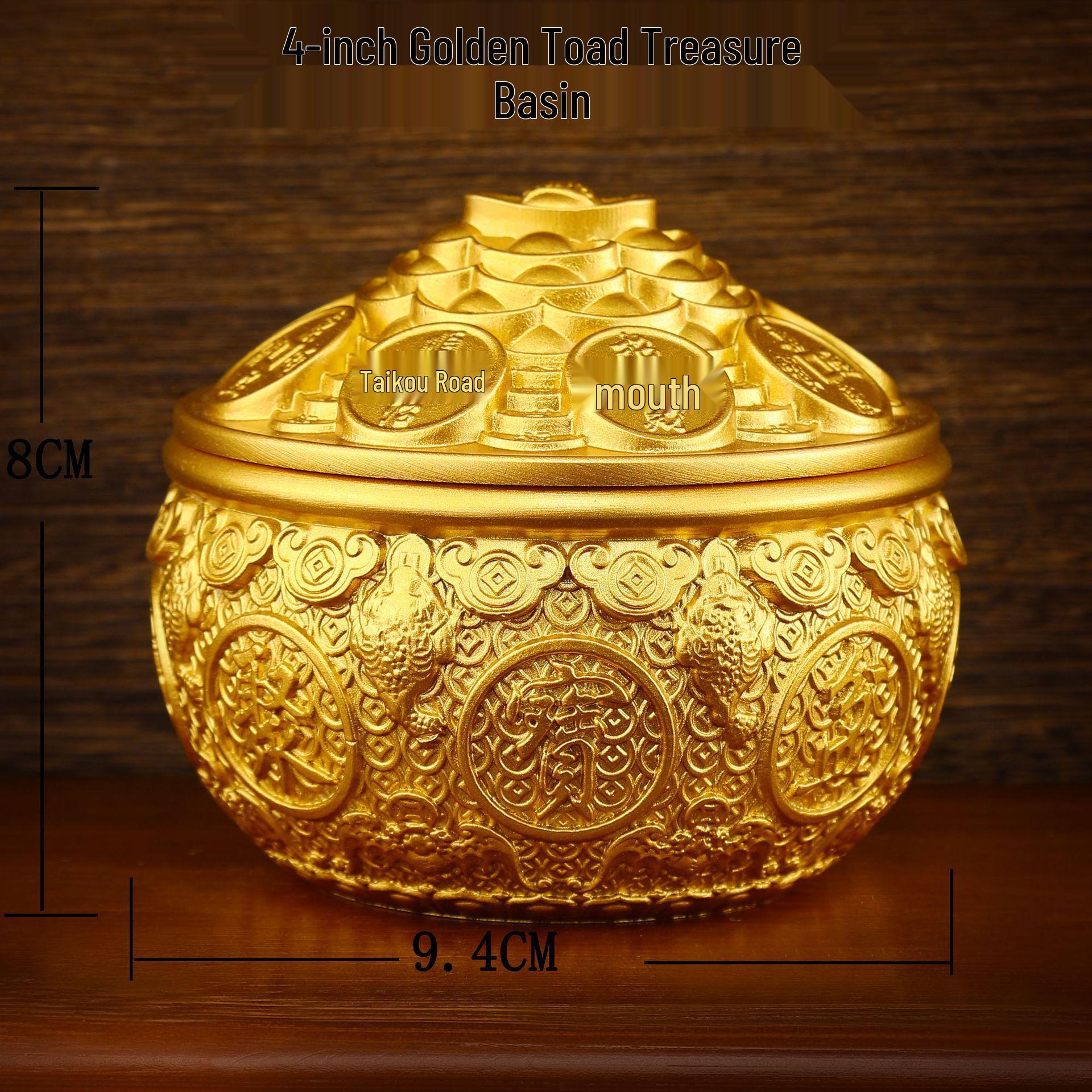 Golden Brass Toad Treasure Basin with Yuanbao Coins - Home, Office & Living Room Decor