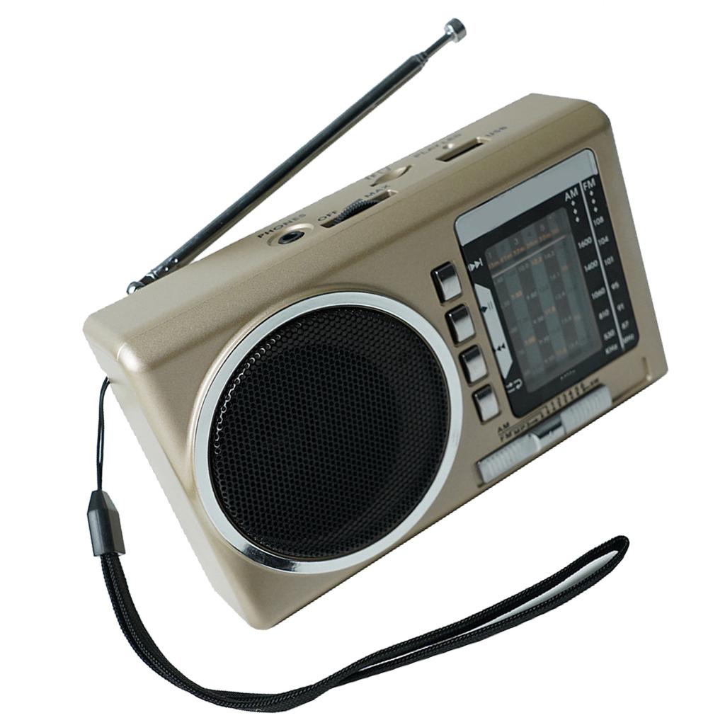Portable FM Radio Multi Band USB Card Slot Rechargeable Vintage Retro Radio for Elderly Gold