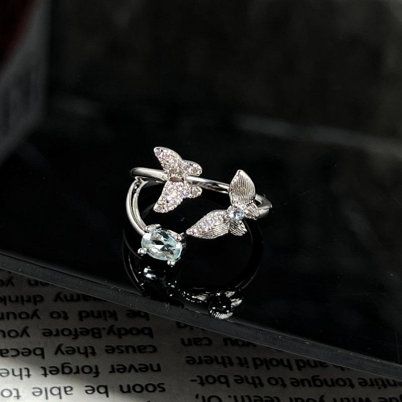 Stacked Wind Butterfly Blue Diamond Personalized Butterfly Wing Fog Blue Advanced Sense Opening Ring Female Neutral Wind Simple Versatile Ring