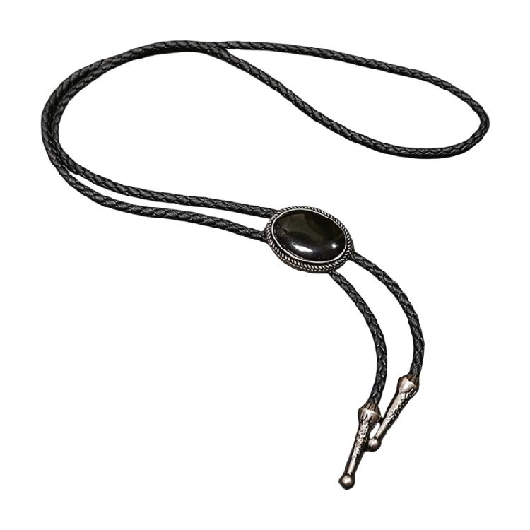 Western Shoestring Necktie Braided Belt Tie Cool Charm Engraved Stone Pendant for Women Men