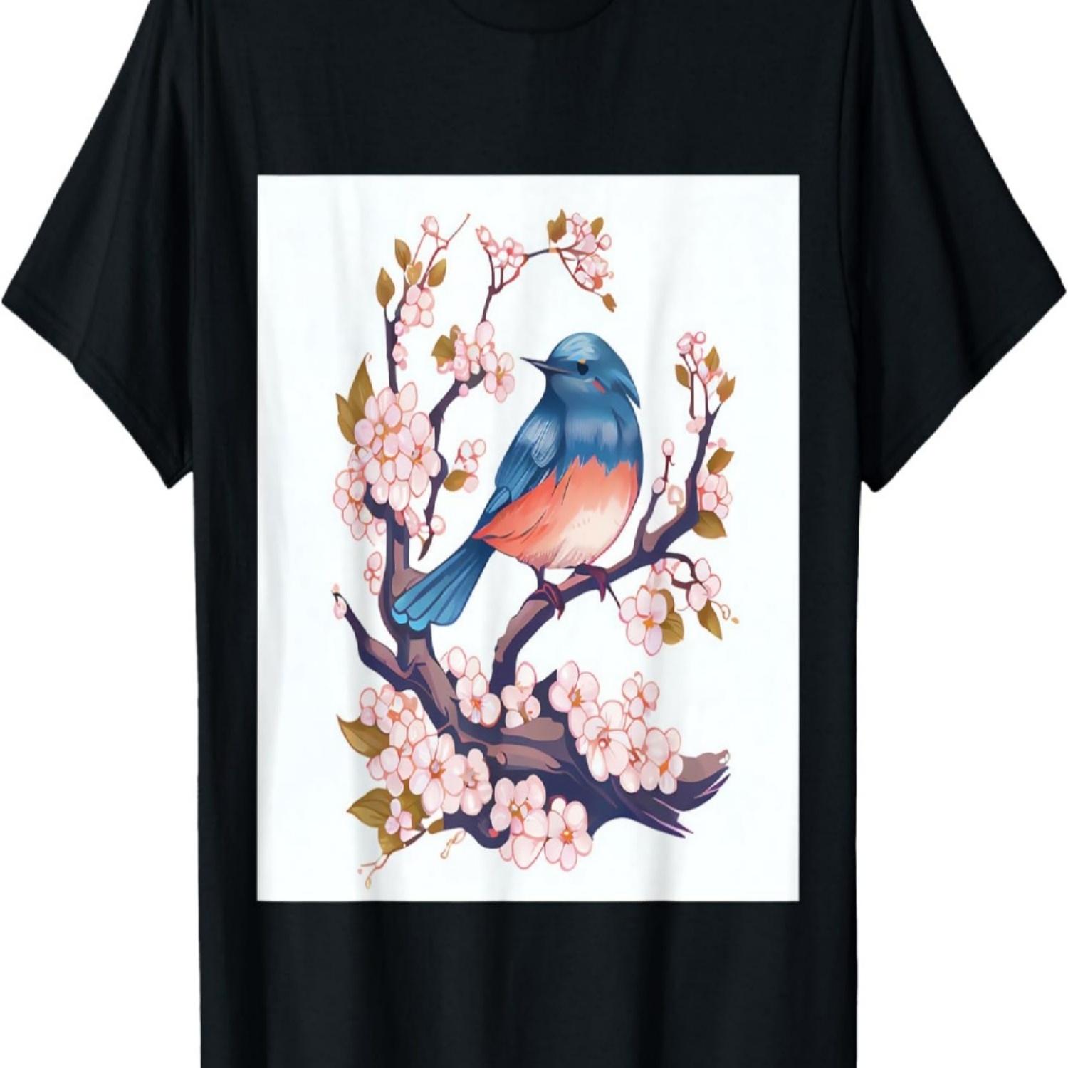 Elegant Eastern Blue Bird on Cherry Blossom Branch T-Shirt S чёрный