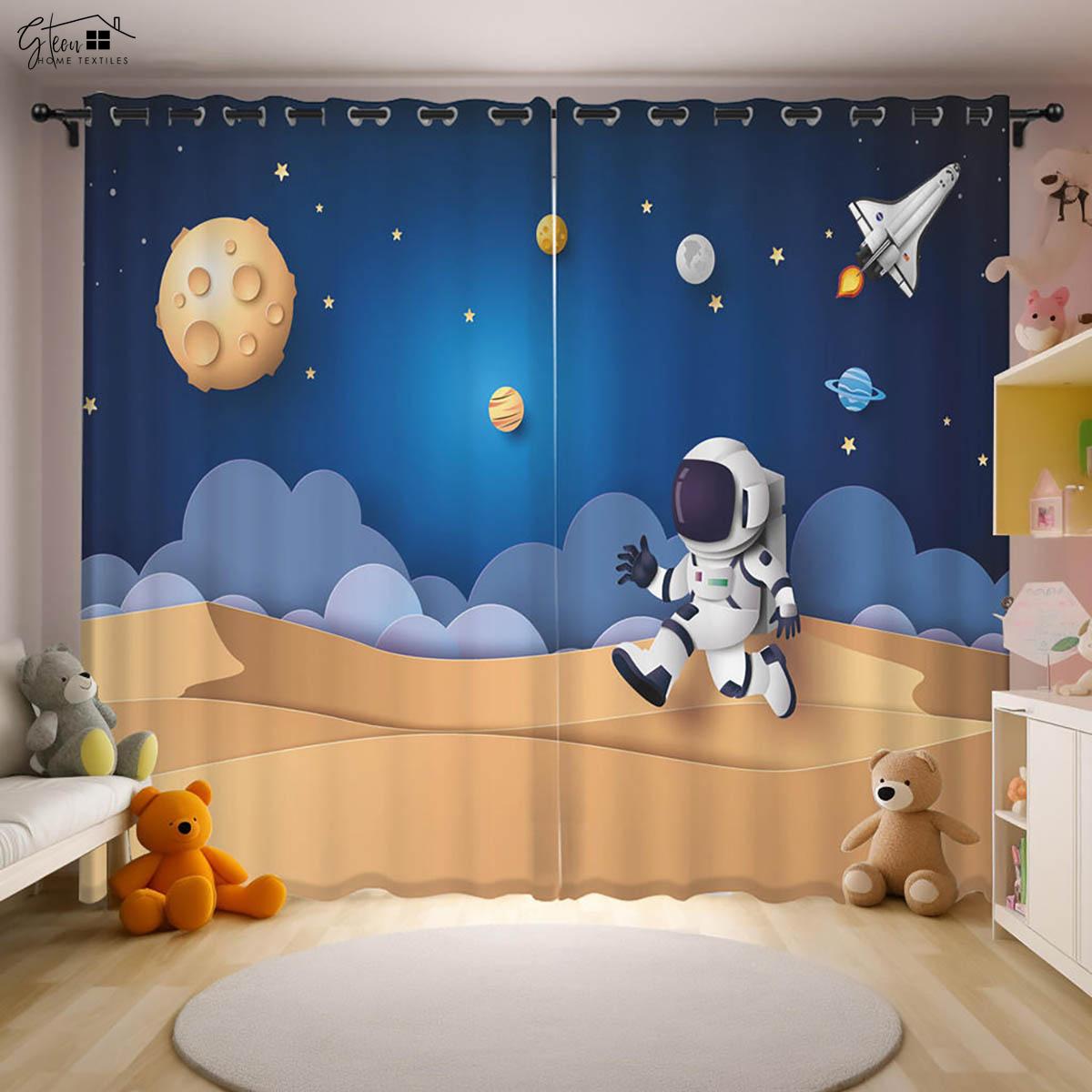 

Adorable Cartoon Universe Starry Sky Astronaut Printed Drapes Children s Space Decorative Drapes Kioom Livingroom SpaceKitchenDrapes W50xH130(CM)x2PCS&Grommet Top