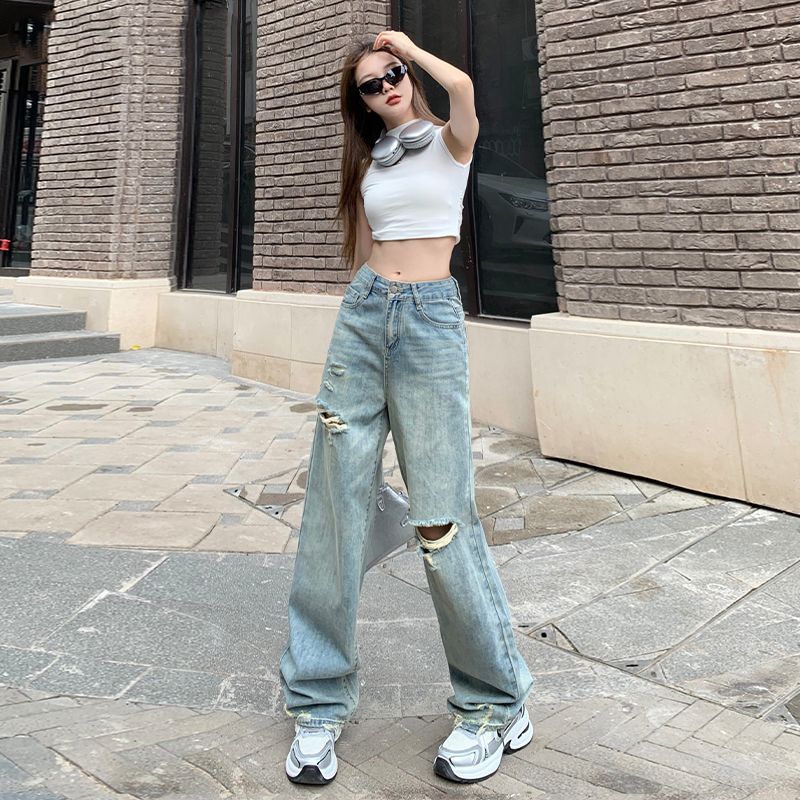 

American Style Low Waist Ripped Denim Women s Summer Small Cropped Pants Women s Narrow Style American Light Color Straight-Leg Pants Women Retro Blue pants 155-165 XL