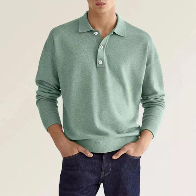 Spring and Autumn Long Sleeve V-Neck Buttons Men's Casual Top Polo Shirt