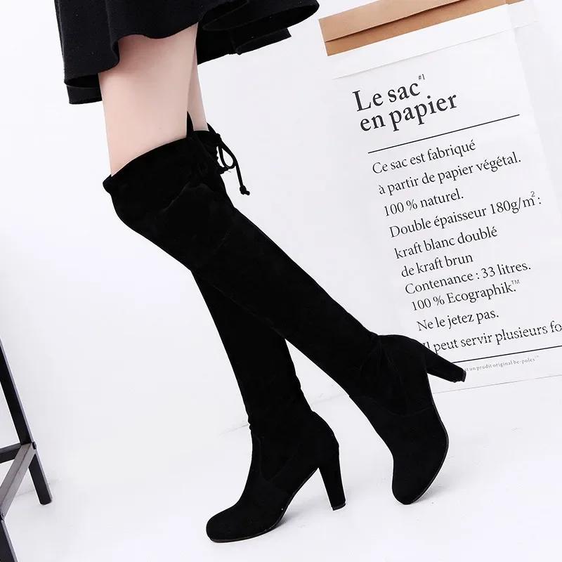 Fashion Brand Thigh High Botines Mujer Plush Fur Shoes Winter Stovepipe Stretch Over Knee Long Boots Women Lace-up Velvet Knight Bottes