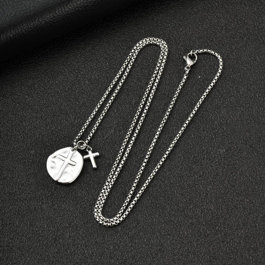 Vnox Men Cross Pendant Necklace, Stainless Steel 60cm Box Chain Irregular Disc Choker, Silver Gold Color Christian Jewelry Gift