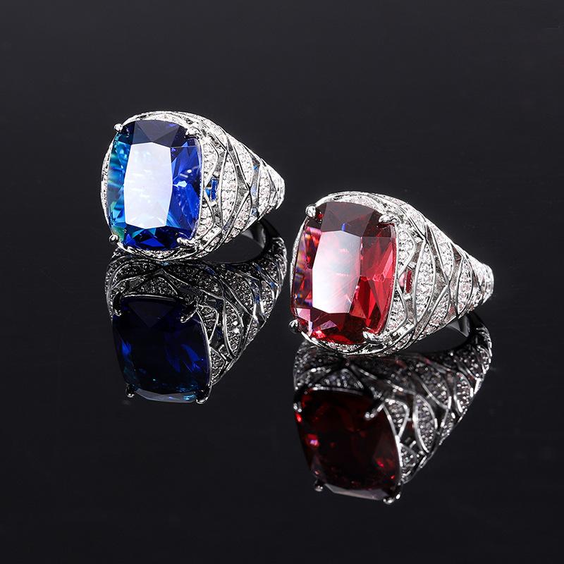 Jewelry Simulation Hongbao Sapphire Hollow Geometric Texture Diamond-Set Women'S Ring Main Stone 12 * 16