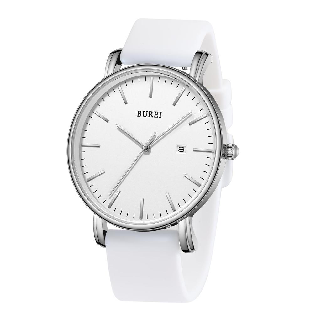 BUREI Men's Classic Analog Quartz Watch Date Ultra-thin Stainless Steel Mesh Band All Silver White Strap