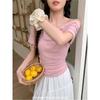 Black careful machine off-shoulder design swinging collar short-sleeved T-shirt women's spring and summer new atmosphere ins bottoming shirt