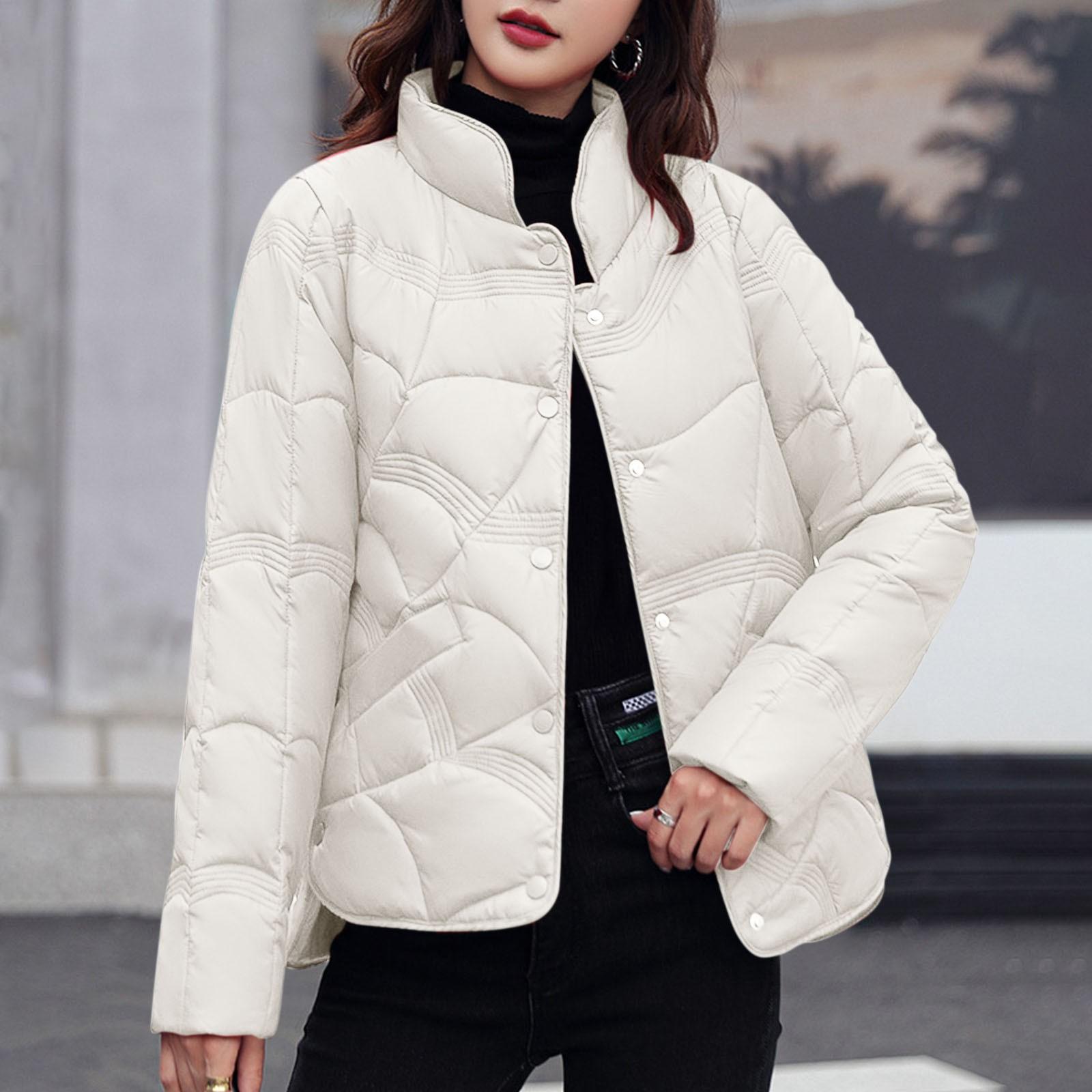 

Женское однотонное теплое хлопковое пальто с воротником-стойкой и длинными рукавами и карманами, хлопковая куртка XL белый
