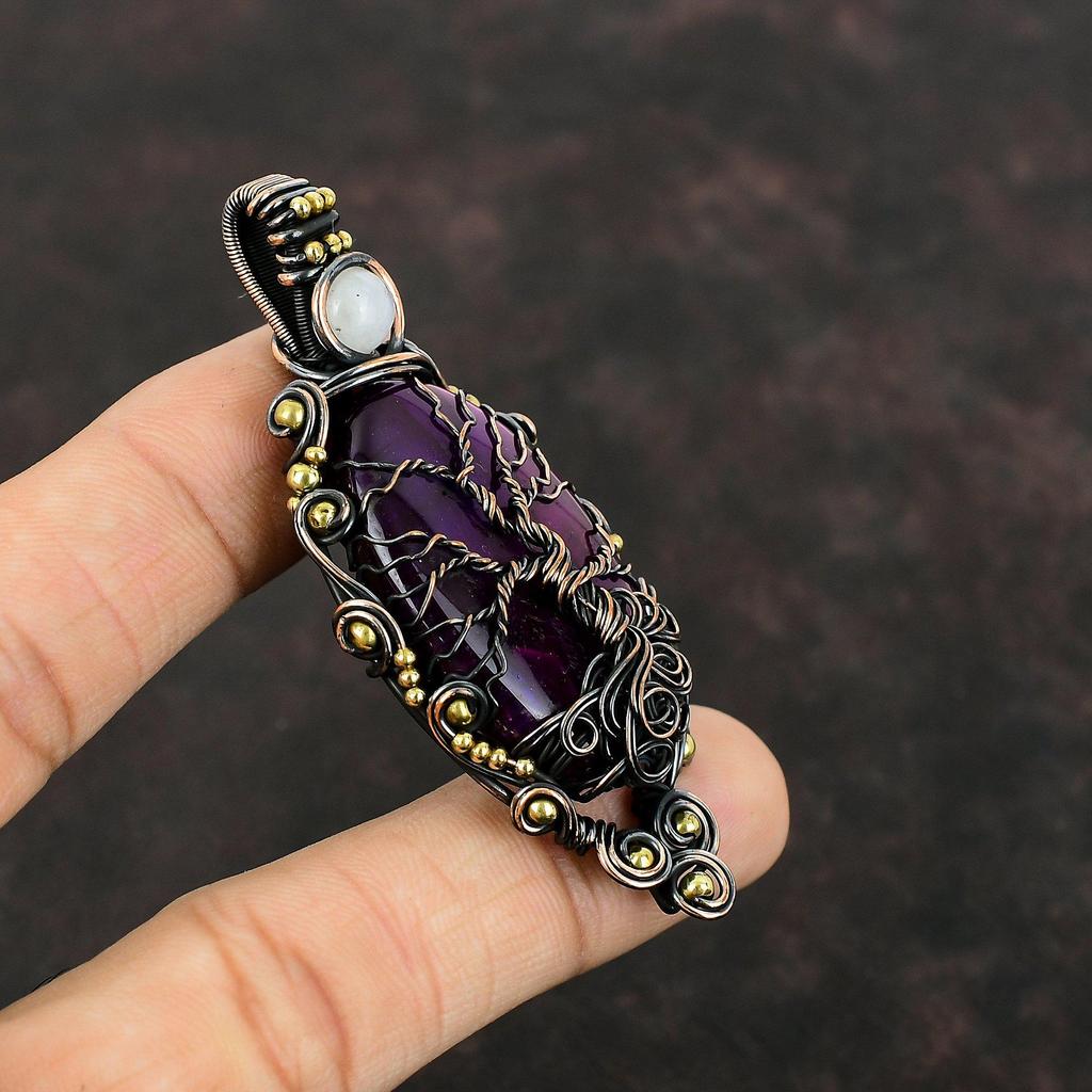 Tree Of Life Purple Fire Labradorite Pendant Copper Wire Wrapped Pendant Handmade Rainbow Moonstone Pendant Gemstone Jewelry Gift For Mom