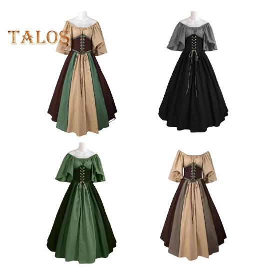 Vinatge Damenkleid mit fliegenden Ärmeln, Kontrastfarbe, A-Linie, großer Saum, schmale Taille, plissierter Schnürriemen, mittelalterliche Halloween-Party, Cosplay-Kostümparty