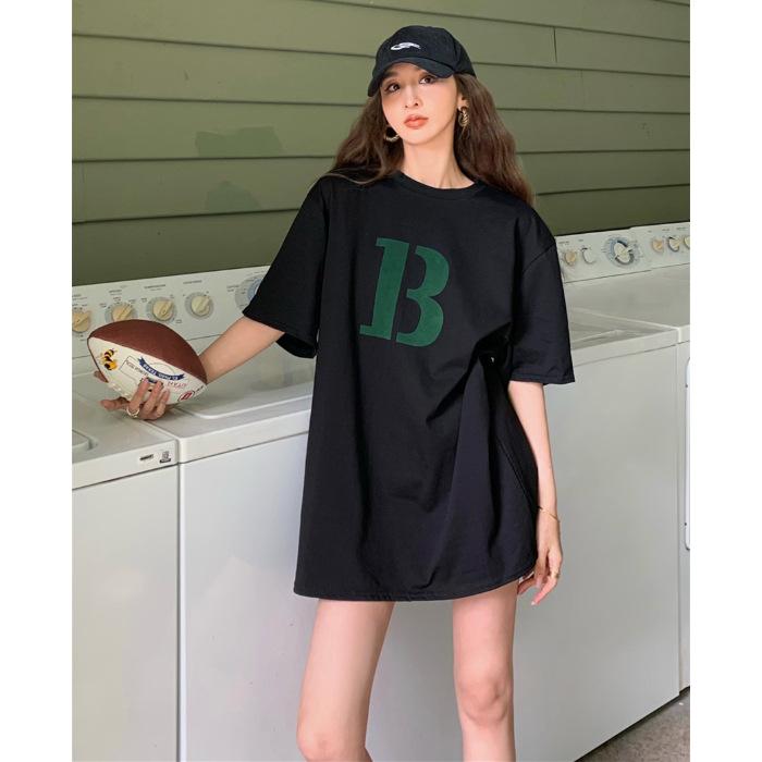 

European large version medium and long T-shirt women s butt covering large size 100kg tall extended version dress foreign style short sleeves 3XL