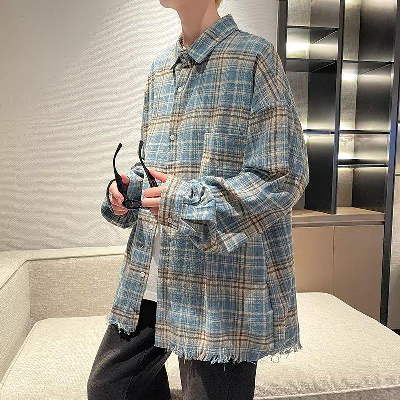 Unisex American Retro Blue Plaid Shirt: Casual, Loose-Fit, Spring/Autumn Style.