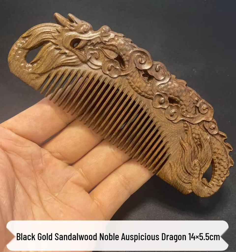 Engraved Green Sandalwood Comb - Black Gold Carved Design, Gift Box Included