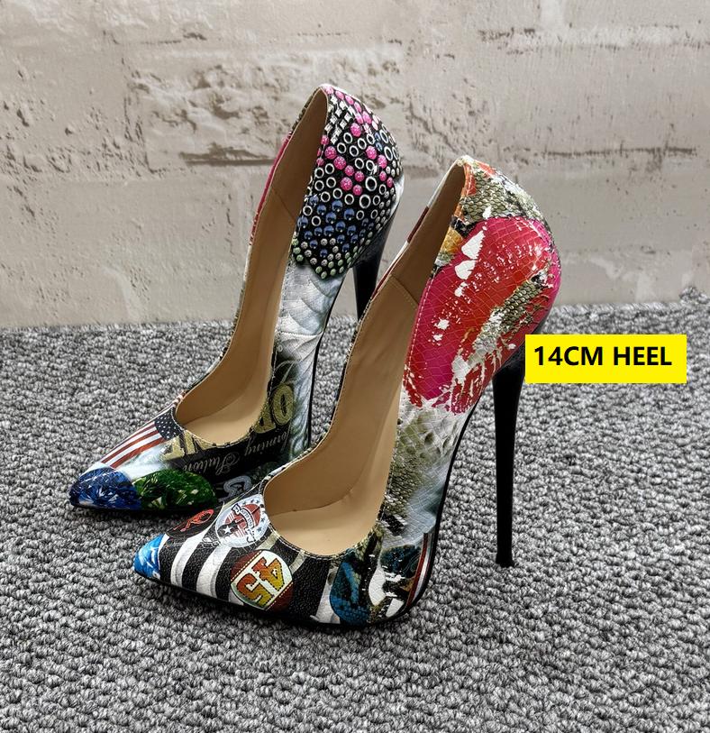 

Мода 16см/14СМ Женские туфли-лодочки, Высокие каблуки, Паттерн губ с граффити флага страны, Обувь для косплея, Острый носок, Глубокий вырез, На слипонах, Индивидуальные цвета 46