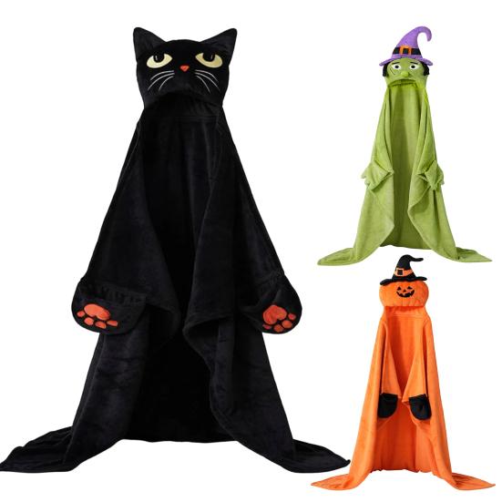 Halloween Brukbar Hettegenserteppe for Voksne Myk Flanell Hettekappe med Lomme Gresskar Svart Katt Cosplay Kostyme for Halloween-fester